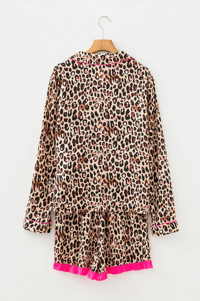 Leopard Print Contrast Trim Long Sleeve Shirt Shorts Pyjama Set - Loungewear & Sleepwear/Pyjama