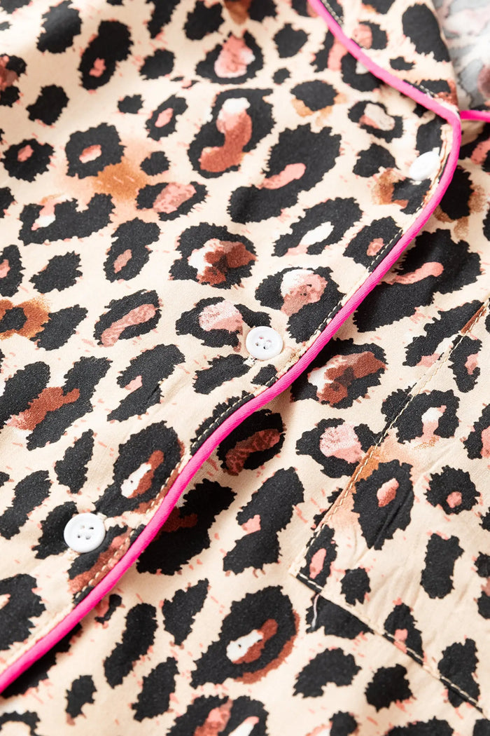 Leopard Print Contrast Trim Long Sleeve Shirt Shorts Pyjama Set - Loungewear & Sleepwear/Pyjama