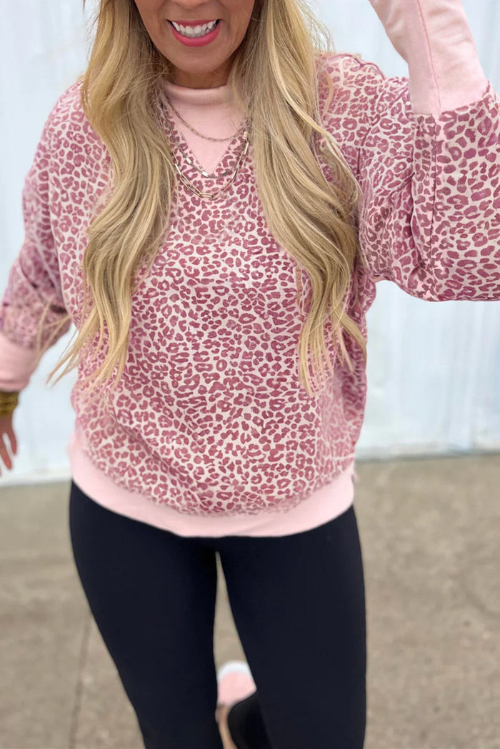 Leopard Print Crew Neck Sweatshirt - Pink / S - Tops/Sweatshirts & Hoodies