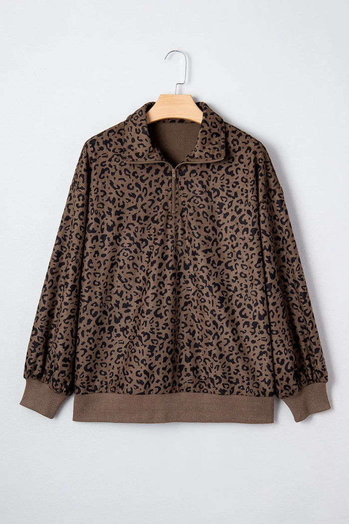 Leopard Print Quarter Zip Soft Corduroy Sweatshirt - Tops/Sweatshirts & Hoodies