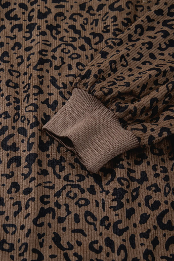 Leopard Print Quarter Zip Soft Corduroy Sweatshirt - Tops/Sweatshirts & Hoodies