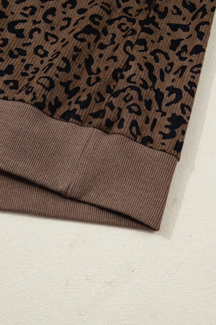 Leopard Print Quarter Zip Soft Corduroy Sweatshirt - Tops/Sweatshirts & Hoodies