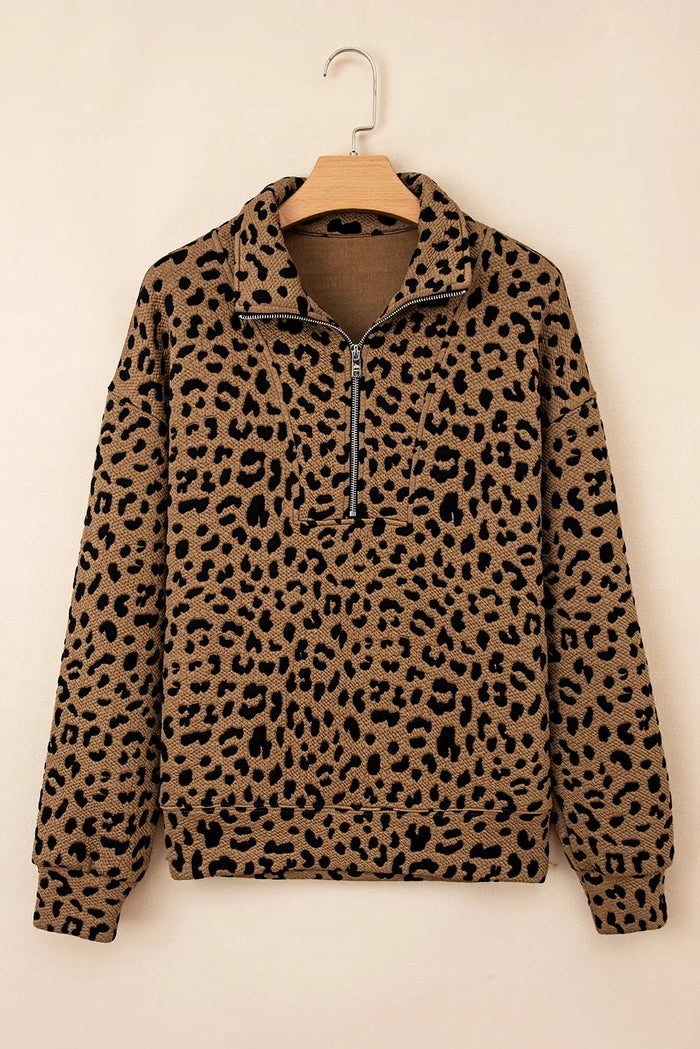 Leopard Print Quarter Zip Sweatshirt - Tops/Sweatshirts & Hoodies