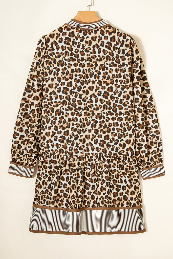 Leopard Print Striped Patchwork 3/4 Sleeve Loose Mini Dress - Dresses/Mini Dresses