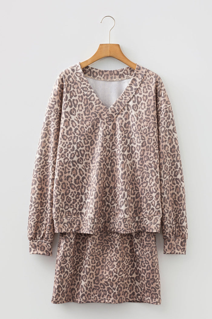 Leopard Print V-Neck Pullover Mini Skirt Co-ord Set - Two Piece Sets/Two Dresses