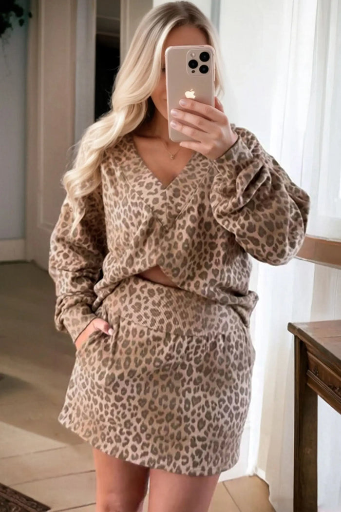 Leopard Print V-Neck Pullover Mini Skirt Co-ord Set - Two Piece Sets/Two Dresses