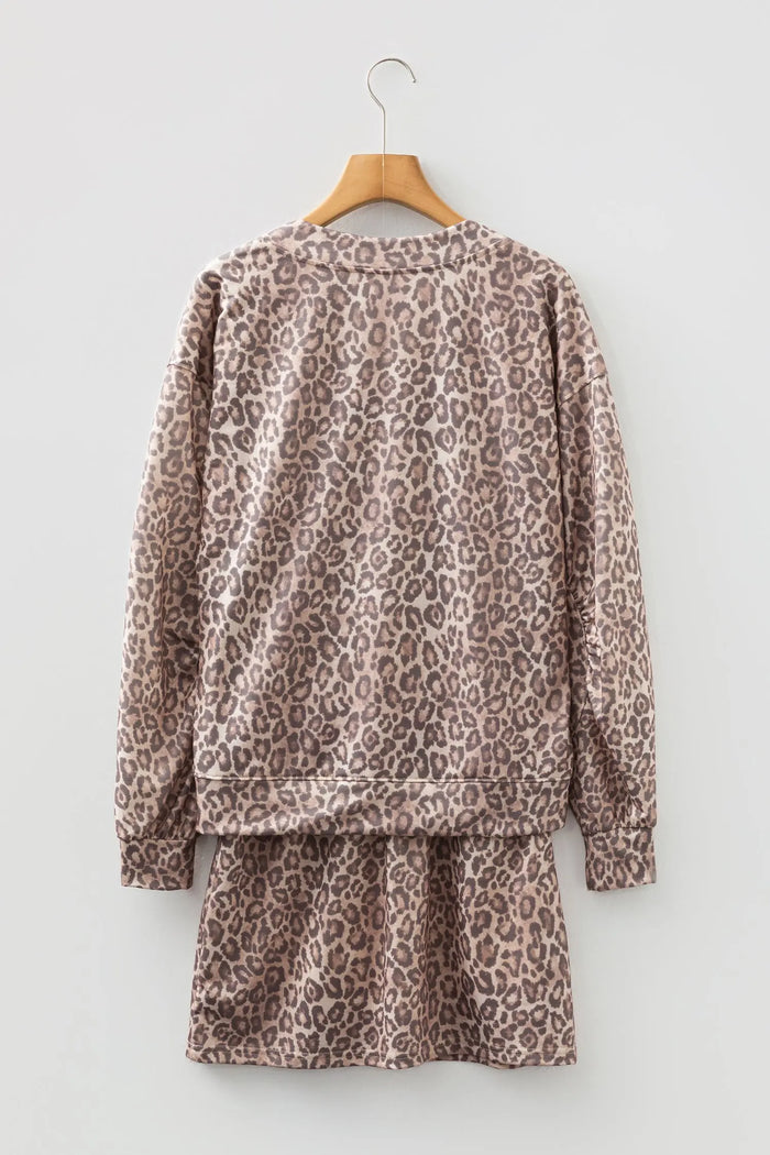 Leopard Print V-Neck Pullover Mini Skirt Co-ord Set - Two Piece Sets/Two Dresses