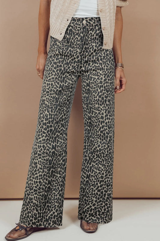Leopard Print Wide Leg High Waist Jeans - Brown / 4 - Bottoms/Jeans/WideLeg
