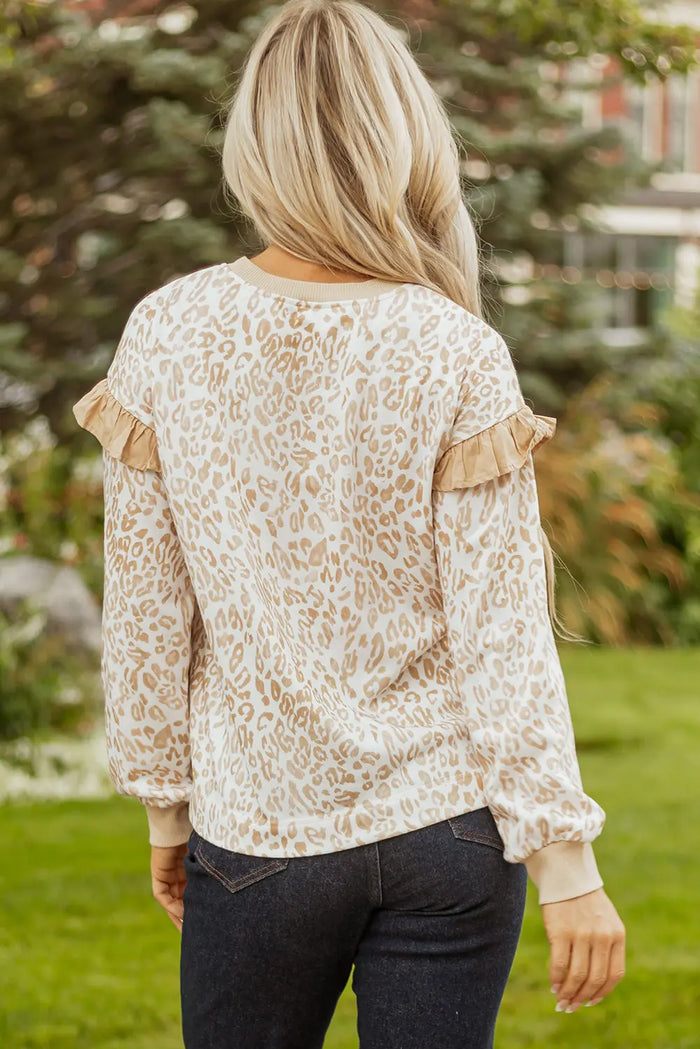 Leopard Ruffle Detail Ribbed Trim Round Neck Sweatshirt - Tops/Sweatshirts & Hoodies