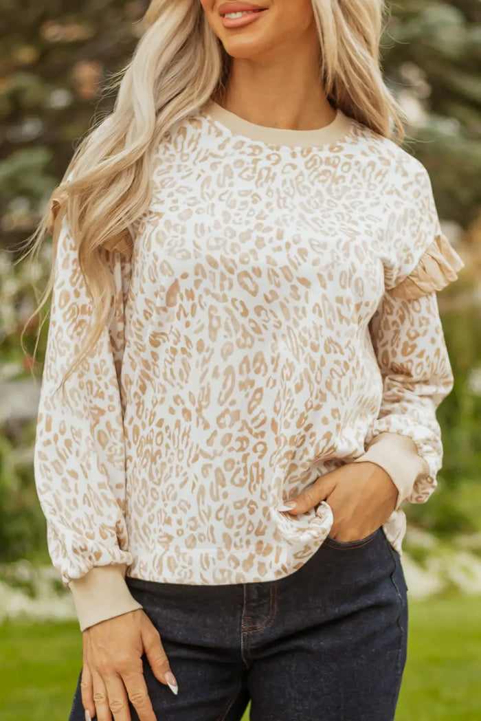Leopard Ruffle Detail Ribbed Trim Round Neck Sweatshirt - Tops/Sweatshirts & Hoodies