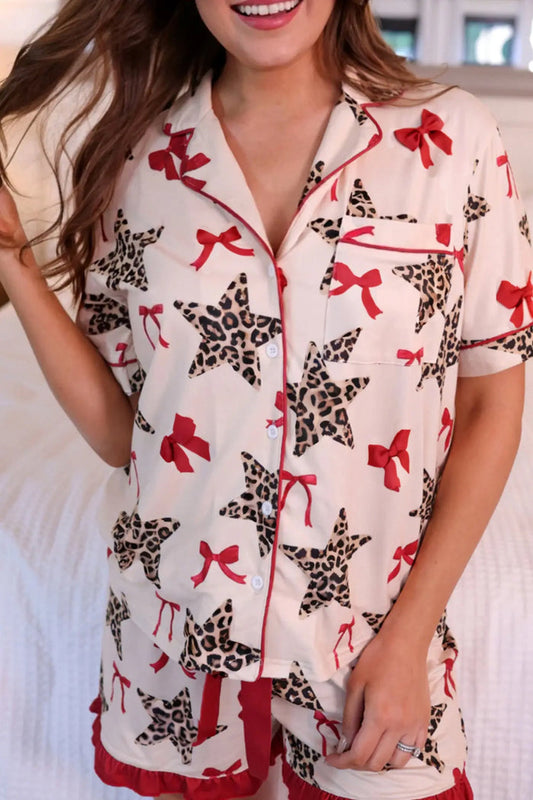 Leopard Star Bow Print Contrast Trim Short Pyjama Set - White / S - Loungewear & Sleepwear/Pyjama Shorts