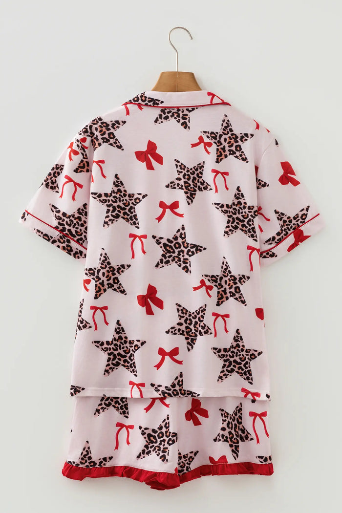 Leopard Star Bow Print Contrast Trim Short Pyjama Set - Loungewear & Sleepwear/Pyjama Shorts