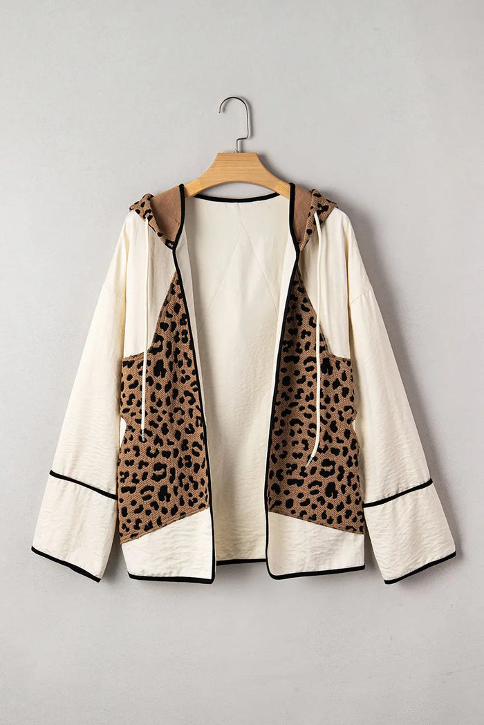 Leopard Star Hooded Patchwork Contrast Piping Open Front Jacket - Outerwear/Jackets