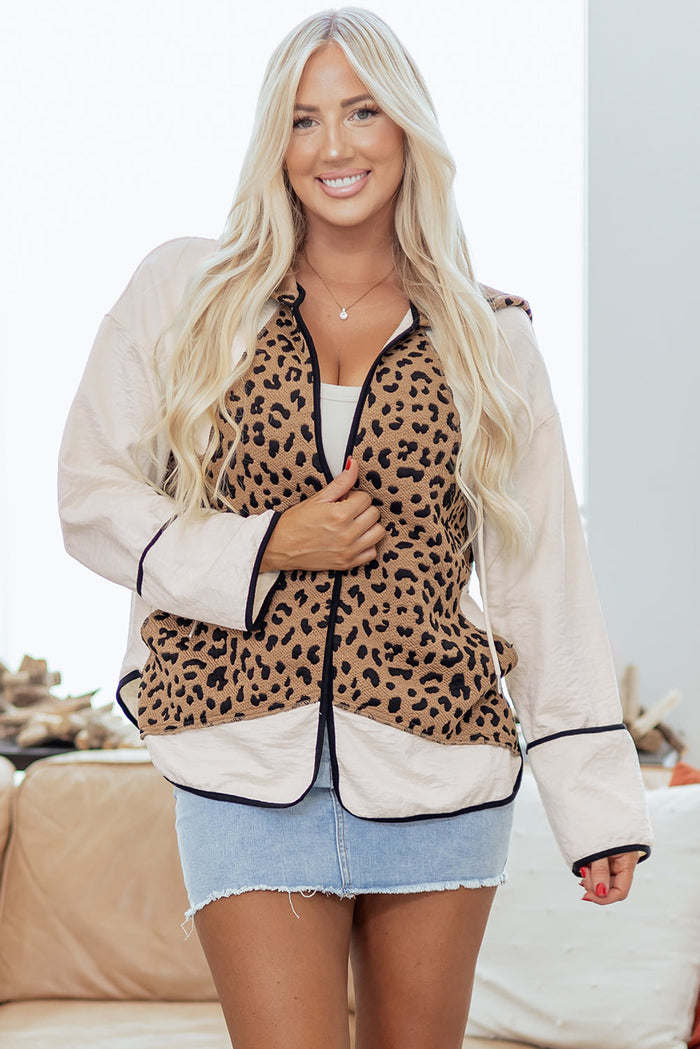 Leopard Star Hooded Patchwork Contrast Piping Open Front Jacket - Brown / S / 95% Polyester + 5% Elastane