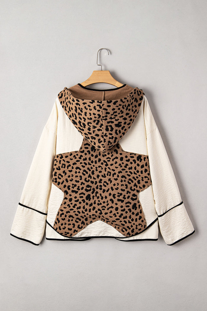 Leopard Star Hooded Patchwork Contrast Piping Open Front Jacket - Outerwear/Jackets