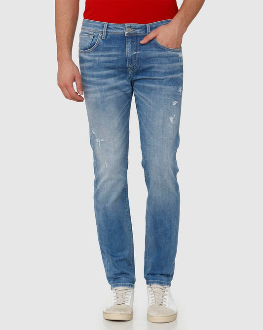 Light Blue Mid Rise Distressed Leon Slim Fit Jeans