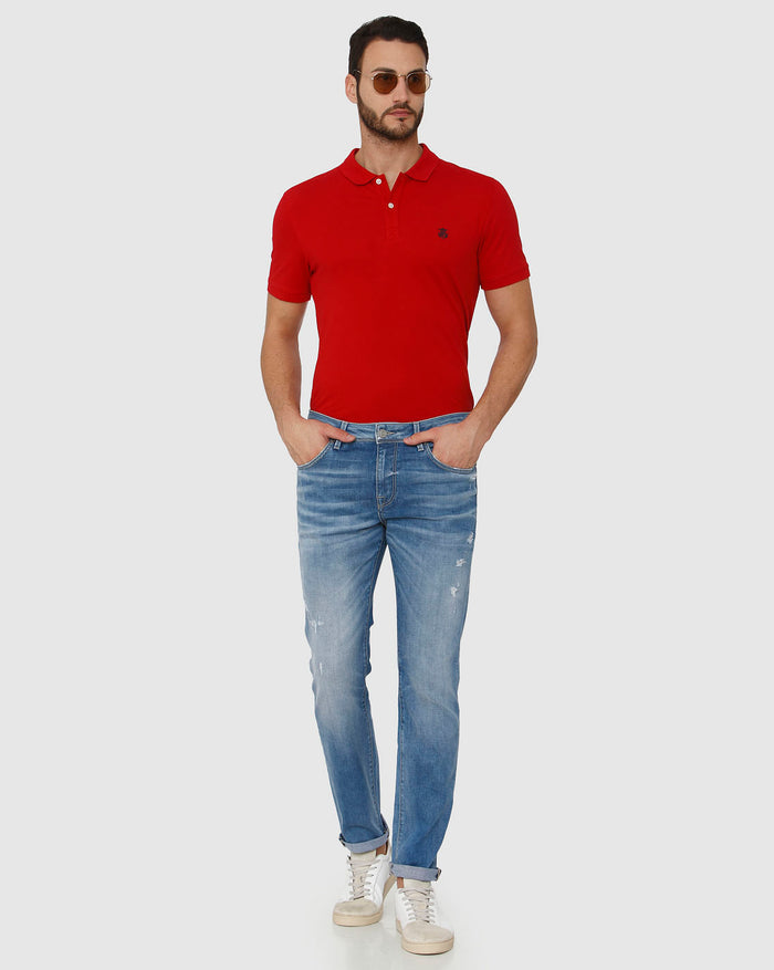Light Blue Mid Rise Distressed Leon Slim Fit Jeans