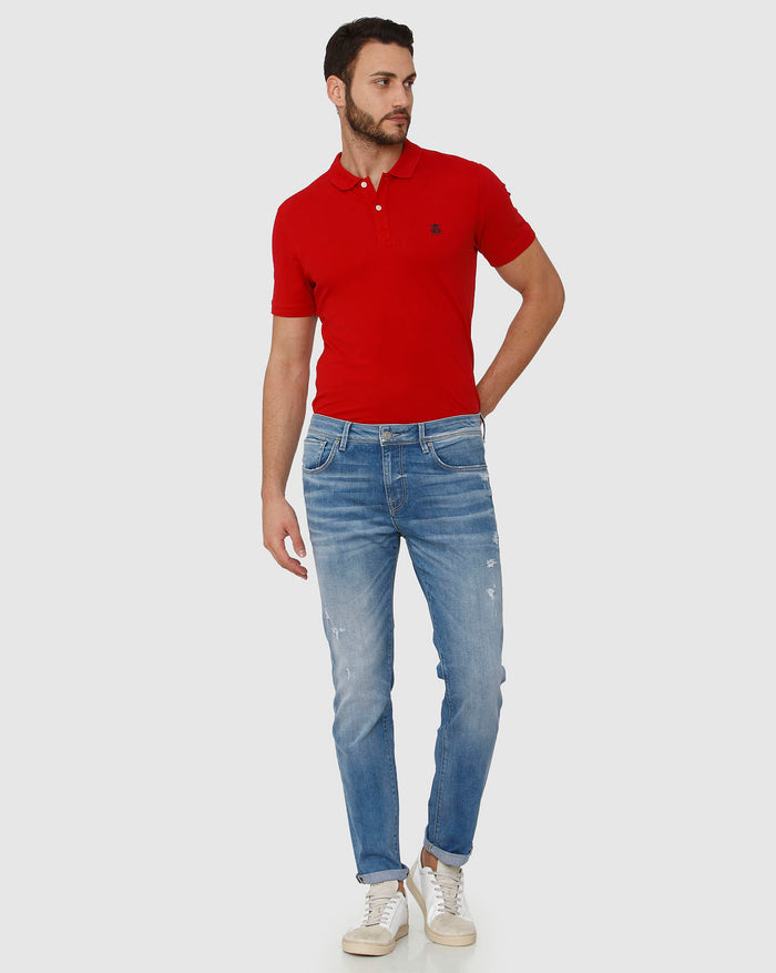 Light Blue Mid Rise Distressed Leon Slim Fit Jeans