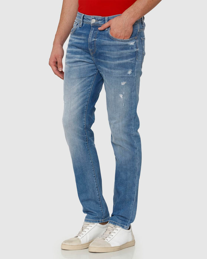 Light Blue Mid Rise Distressed Leon Slim Fit Jeans