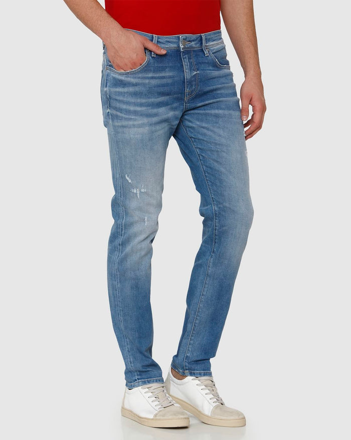 Light Blue Mid Rise Distressed Leon Slim Fit Jeans
