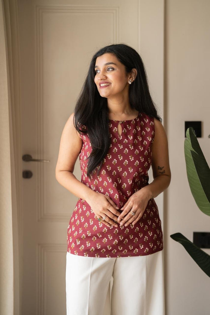 Lily Sleevless Cotton Top- Maroon Booti
