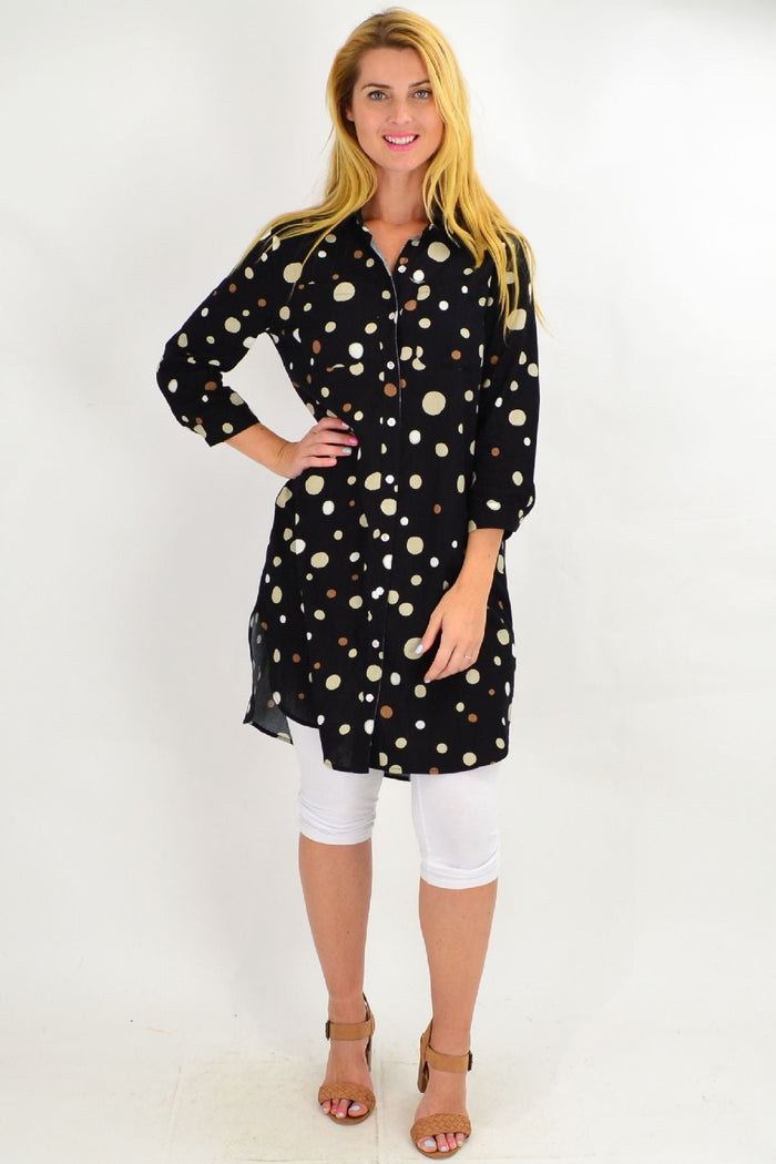 Long black cotton tunic shirt by Ruby Rain, featuring a comfortable fit and casual style for women.