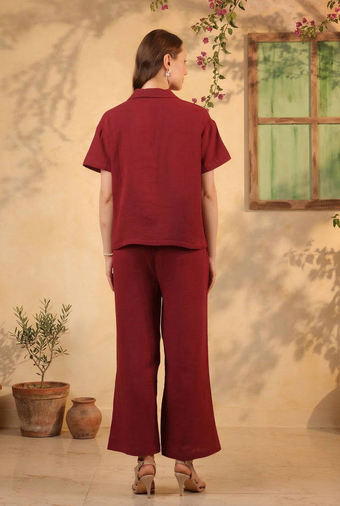 Maroon Solid Cotton Button-Down Night Suit Set