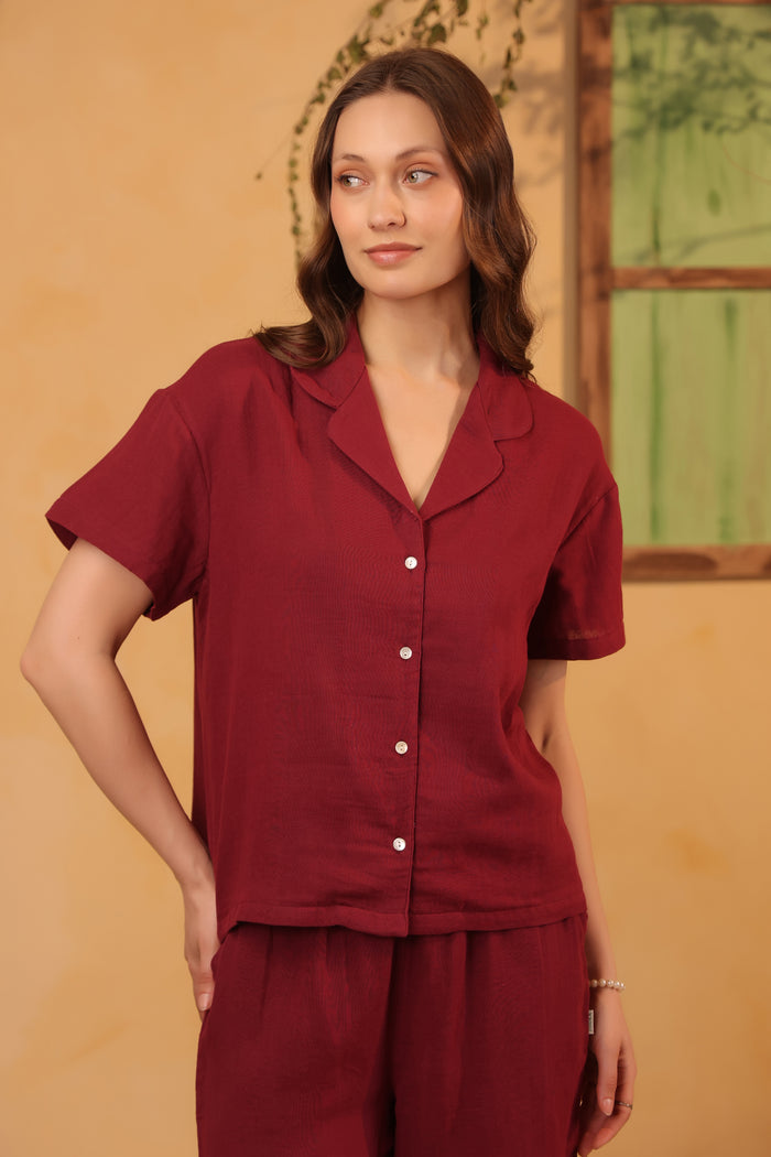 Maroon Solid Cotton Button-Down Night Suit Set