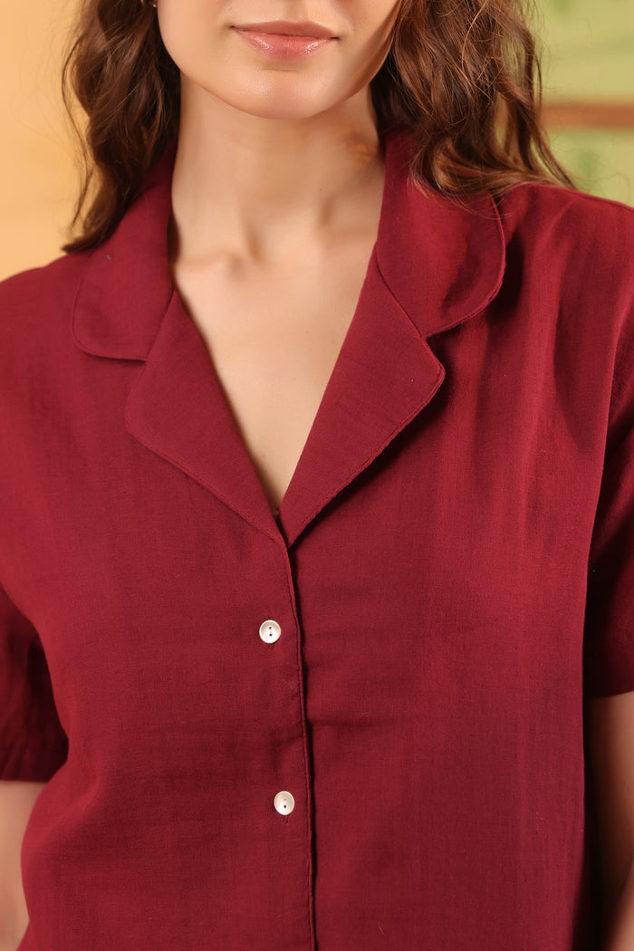Maroon Solid Cotton Short Sleeve Night Suit Set
