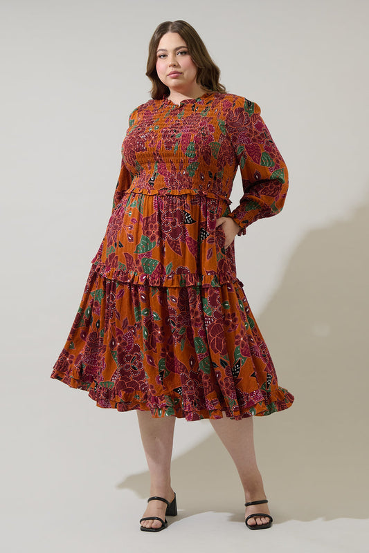 Marven Floral Seldy Smocked Midi Dress Curve