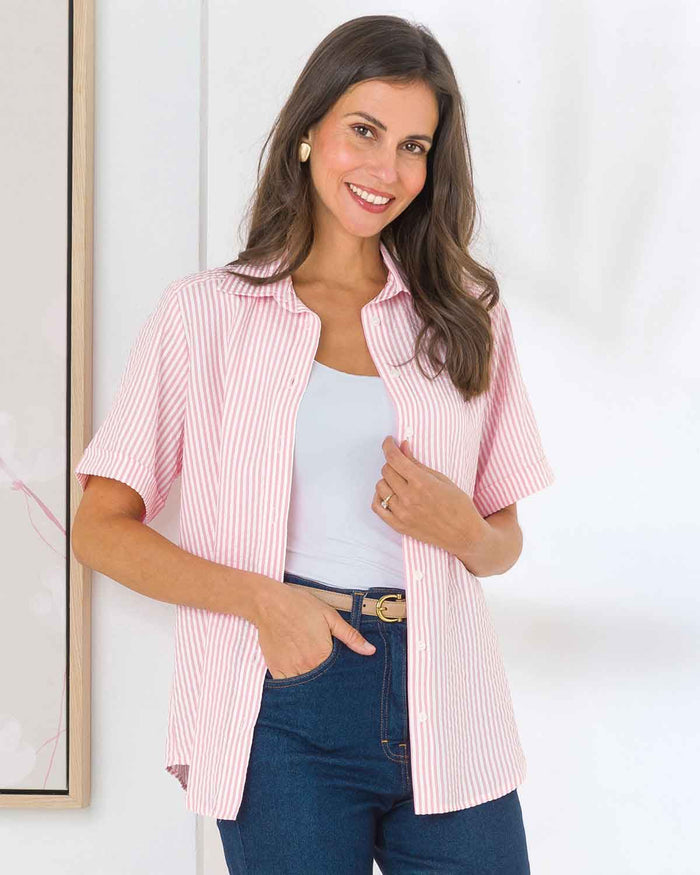 Maryanne Striped Cotton Mix Short Sleeve Blouse - Pink - Image 2 - The Classic Boutique