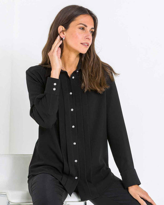 Maya Poly Mix Pintuck Long Sleeve Blouse - Black - Image 1 - The Classic Boutique