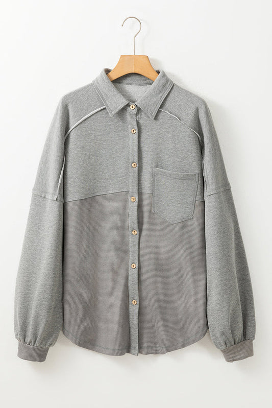 Medium Grey Waffle Textured Exposed Seam Oversized Shacket - Outerwear/Plaid Shackets