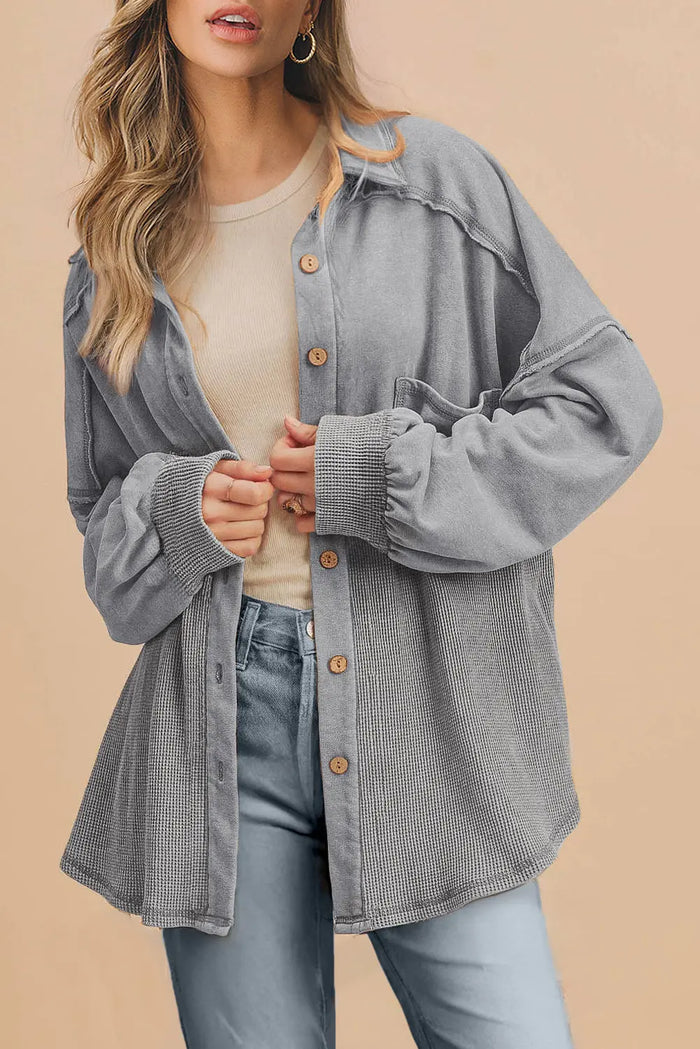 Medium Grey Waffle Textured Exposed Seam Oversized Shacket - S - Outerwear/Plaid Shackets