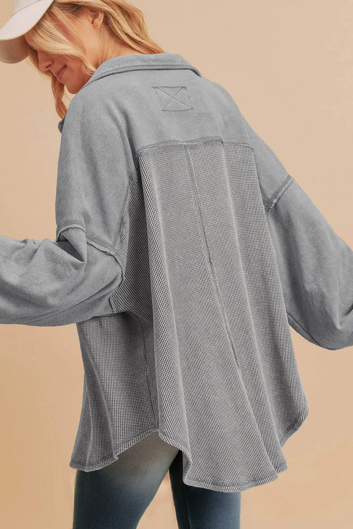 Medium Grey Waffle Textured Exposed Seam Oversized Shacket - Outerwear/Plaid Shackets