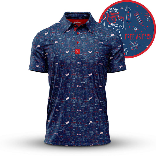 The 'Merica - Navy - Polo features an athletic fit with small red, white, and blue USA icons and text throughout. Solid navy collar and placket have a red accent. Inset shows a circular fireworks graphic with FREE AS F*CK in bold letters.