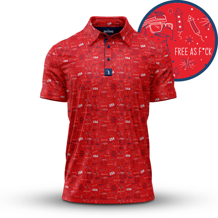 The 'Merica - Red - Polo features an all-over USA, fireworks, sunglasses, flags, and stars print on moisture-wicking fabric. Next to it is a round red badge with “FREE AS F*CK” in white.