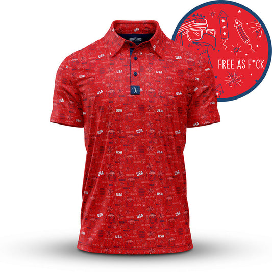 The 'Merica - Red - Polo features an all-over USA, fireworks, sunglasses, flags, and stars print on moisture-wicking fabric. Next to it is a round red badge with “FREE AS F*CK” in white.