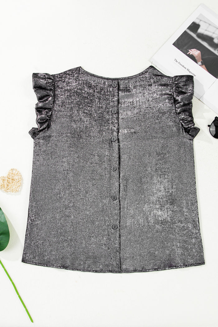 Metallic Round Neck Ruffle Trim Sleeveless Top