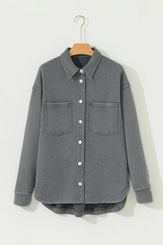 Mineral Wash Chest Pockets Drop Shoulder Shacket with Side Slit - Outerwear/Plaid Shackets