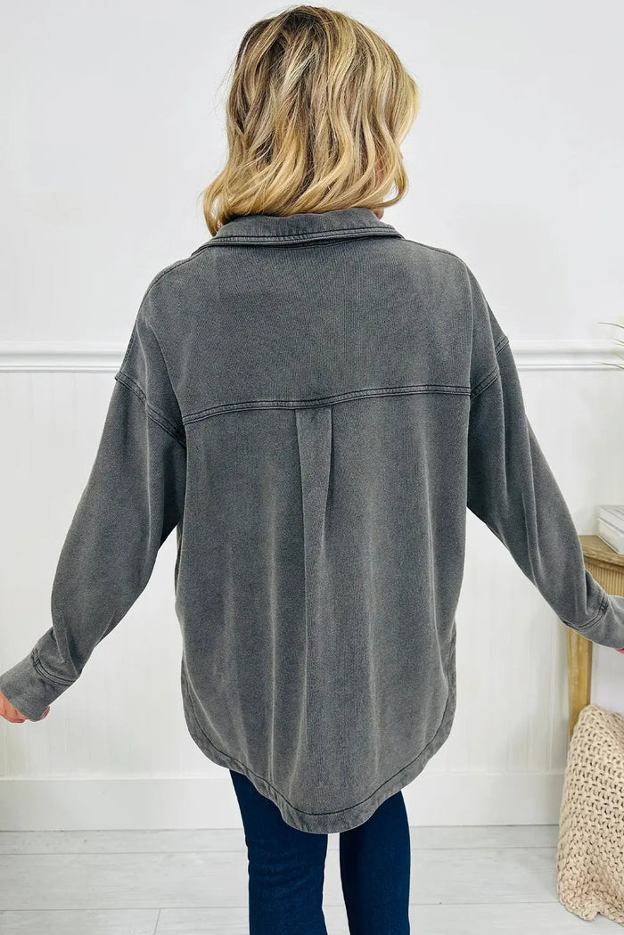 Mineral Wash Chest Pockets Drop Shoulder Shacket with Side Slit - Outerwear/Plaid Shackets