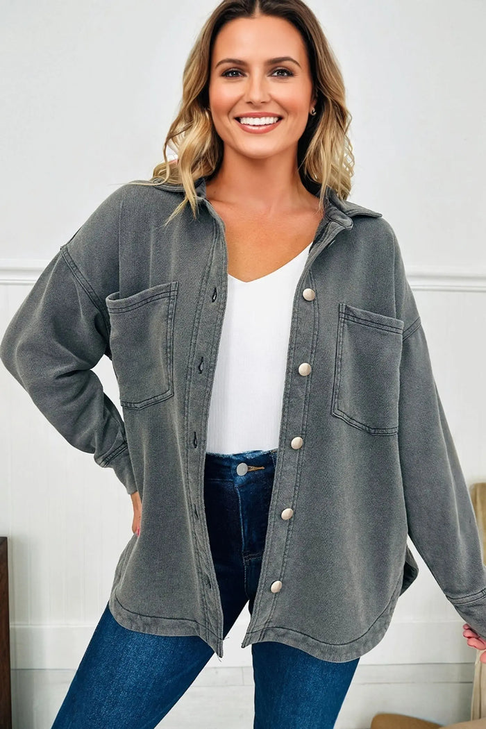 Mineral Wash Chest Pockets Drop Shoulder Shacket with Side Slit - Outerwear/Plaid Shackets