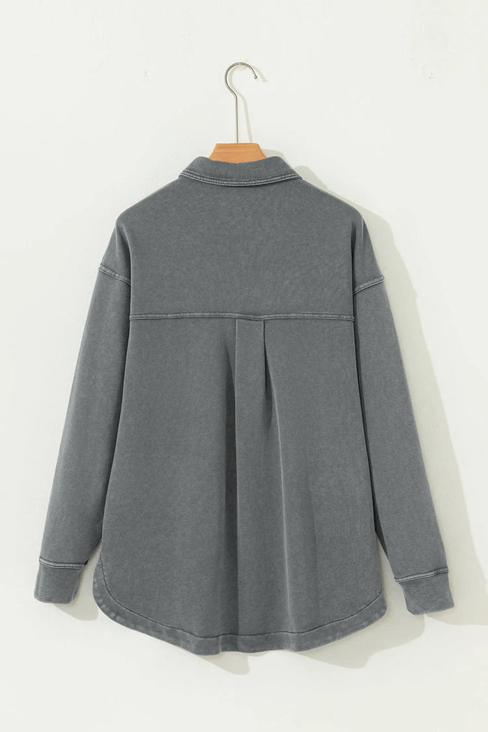 Mineral Wash Chest Pockets Drop Shoulder Shacket with Side Slit - Outerwear/Plaid Shackets