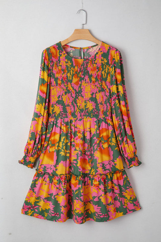 Multicolour Floral Print Long Sleeve Smocked Ruffled Mini Dress - Dresses/Floral Dresses