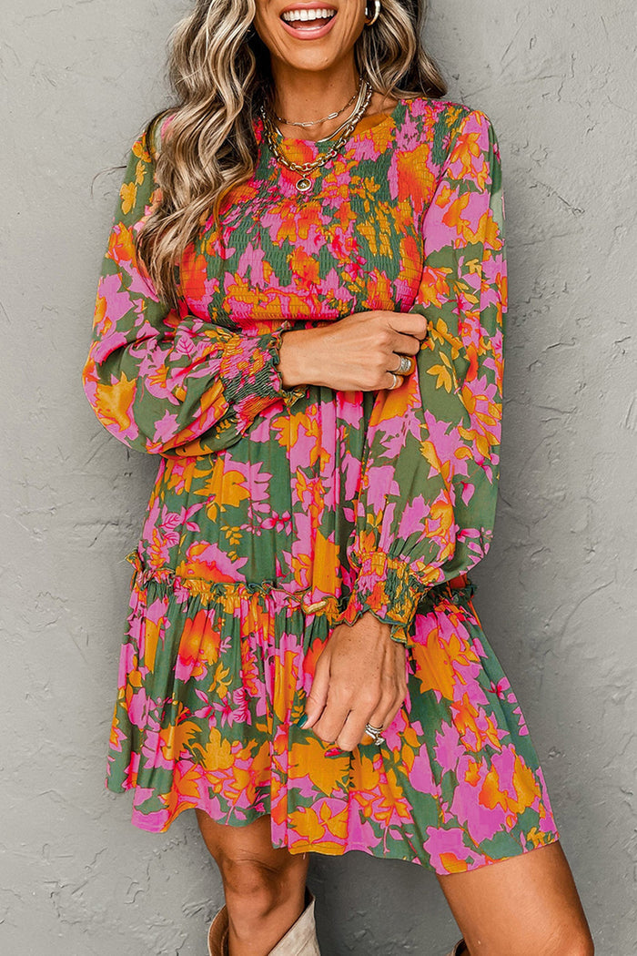 Multicolour Floral Print Long Sleeve Smocked Ruffled Mini Dress - S - Dresses/Floral Dresses