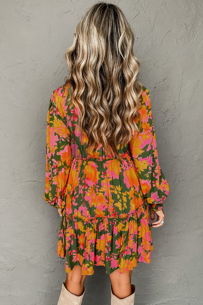 Multicolour Floral Print Long Sleeve Smocked Ruffled Mini Dress - Dresses/Floral Dresses