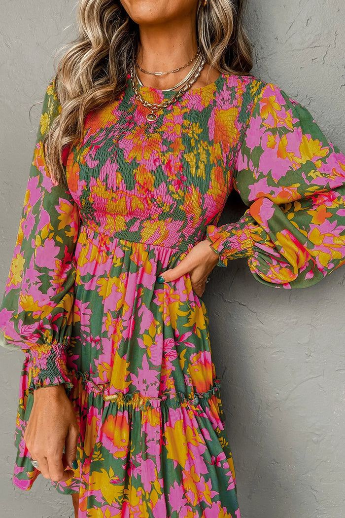 Multicolour Floral Print Long Sleeve Smocked Ruffled Mini Dress - Dresses/Floral Dresses