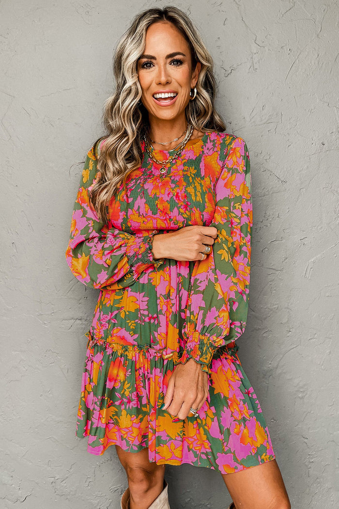 Multicolour Floral Print Long Sleeve Smocked Ruffled Mini Dress - Dresses/Floral Dresses