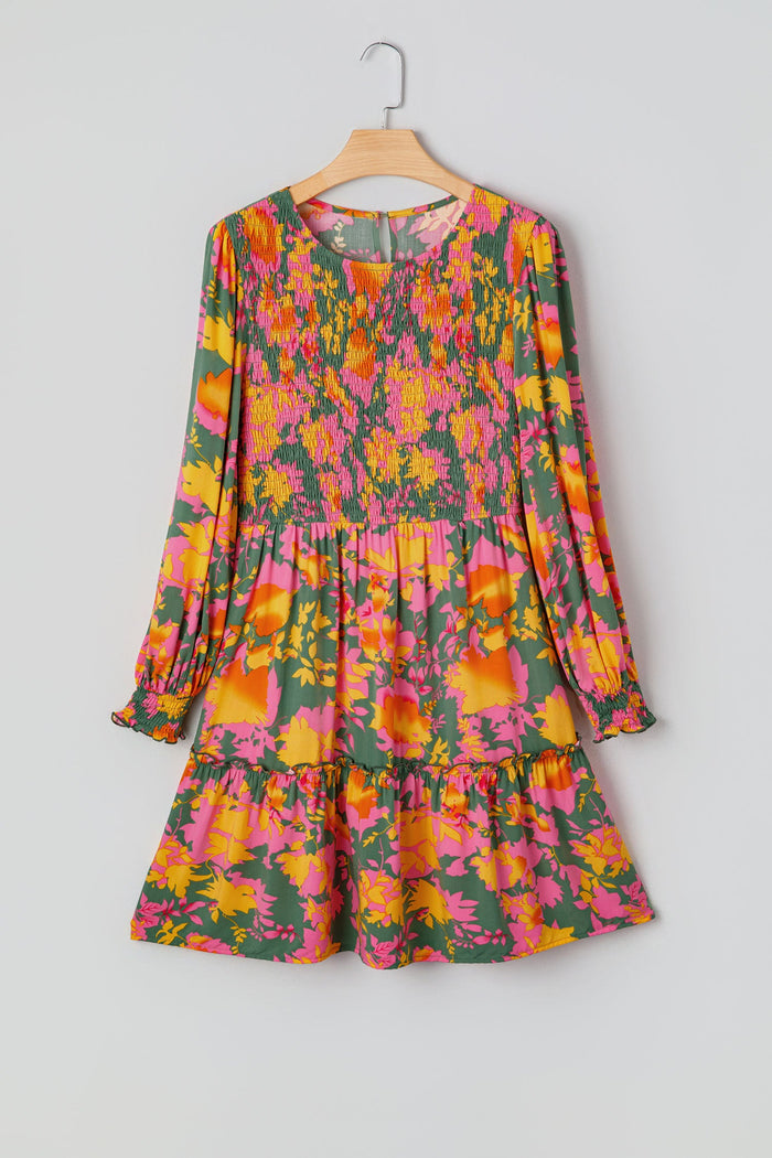 Multicolour Floral Print Long Sleeve Smocked Ruffled Mini Dress - Dresses/Floral Dresses