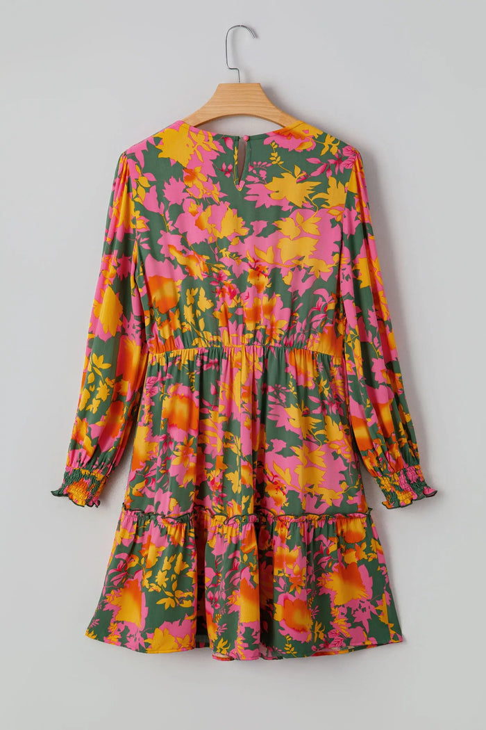 Multicolour Floral Print Long Sleeve Smocked Ruffled Mini Dress - Dresses/Floral Dresses